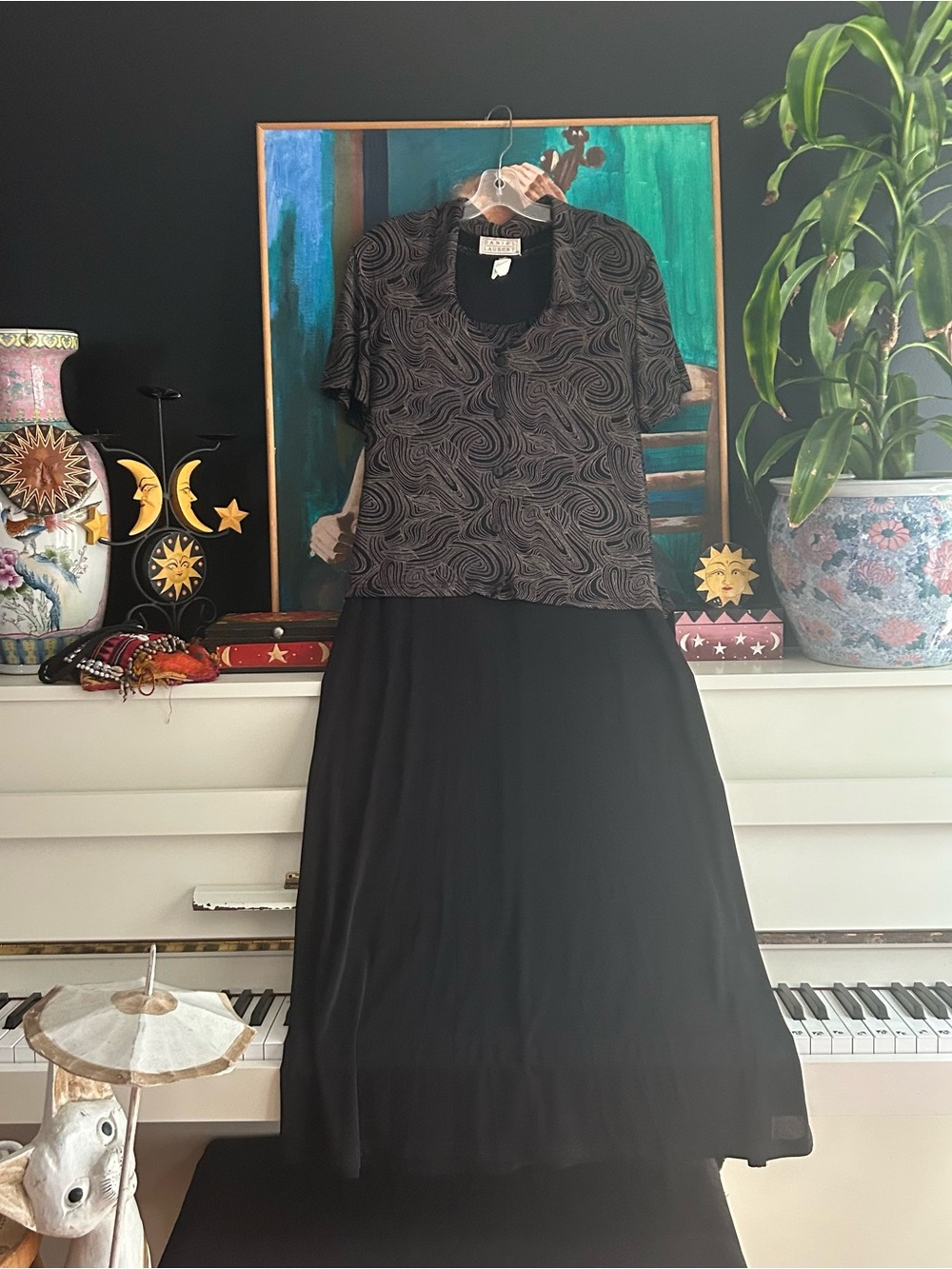 Vintage Daniel Laurent Black Silver Swirl Maxi Dress Size L